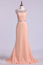 Load image into Gallery viewer, 2024 Prom Dresses Scoop Column Sweep Train Elastic Satin With Beads