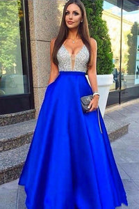 Sparkly V-Neck Silver And Royal Blue Long A-Line Prom Dresses Party Dresses