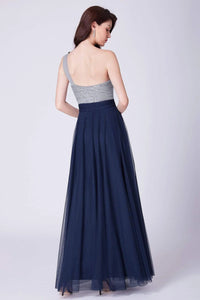 Flowy One Shoulder Navy Blue Tulle Long Prom Dresses, Cheap Formal Dresses SRS15232