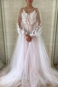 Jewel See Through Long Sleeve Ivory Lace Appliques Prom Dresses, Wedding Dresses SRS15520