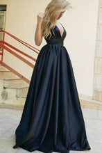 Load image into Gallery viewer, Empire Waist Deep V-Neck Long A-Line Navy Blue Simple Cheap Prom Dresses