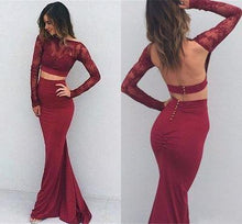 Load image into Gallery viewer, Burgundy Sexy Two Pieces Charming Backless Lace Long Sleeves Evening Dresses RS852