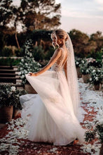 Load image into Gallery viewer, Elegant A Line V Neck Tulle Wedding Dresses With Flowers V Back Beach Wedding SRSPEKH2P28