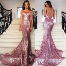 Load image into Gallery viewer, Rose Gold Sequin Mermaid Long Spaghetti Strap Sexy Backless Dresses For Prom RS133