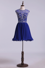 Load image into Gallery viewer, 2024 Scoop A Line Dark Royal Blue Homecoming Dresses Beaded Bodice Tulle&amp;Chiffon Short