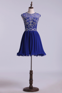 2024 Scoop A Line Dark Royal Blue Homecoming Dresses Beaded Bodice Tulle&Chiffon Short