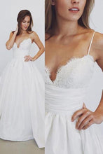 Load image into Gallery viewer, Spaghetti Straps Long Ivroy Lace Satin Wedding Dresses Bridal Dresses