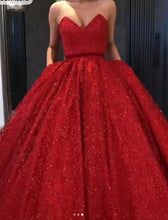 Load image into Gallery viewer, Sparkly Ball Gown Burgundy Strapless Sweetheart Prom Dresses, Long Quinceanera Dresses SRS15428