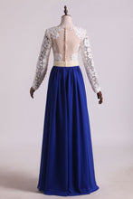 Load image into Gallery viewer, 2024 Hot V Neck Prom Dresses A Line Chiffon With Applique Sweep Train Dark Royal Blue