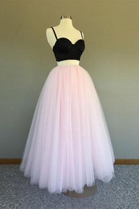A Line Two Pieces Spaghetti Straps Black And Pink Prom Dresses, Formal SRS15614
