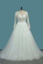 Load image into Gallery viewer, 2024 Long Sleeves Scoop Tulle A Line Wedding Dresses With Applique Court Train