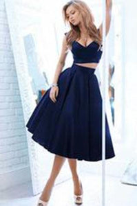Vintage Style A-line Two-piece Off-the-shoulder A-line Dark Navy Homecoming Dress RS871