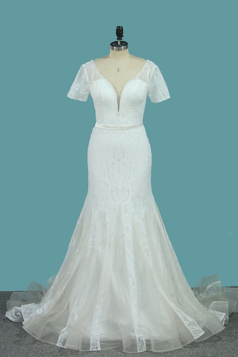 2024 Short Sleeve Wedding Dresses Tulle Mermaid With Applique And Sash Sweep Train
