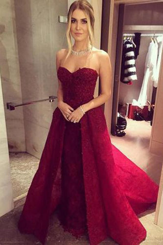 Long Sweetheart A-line Chic Burgundy Prom Dresses with Over skirt Lace Beaded 2024 RS192
