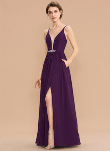 Silhouette Fabric Beading Floor-Length V-neck Length Sequins Pockets Neckline Embellishment A-Line SplitFront Bridesmaid Dresses