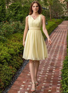 Bow(s) Silhouette Ruffle Knee-Length Fabric Neckline Embellishment A-Line V-neck Length Lana V-Neck Bridesmaid Dresses