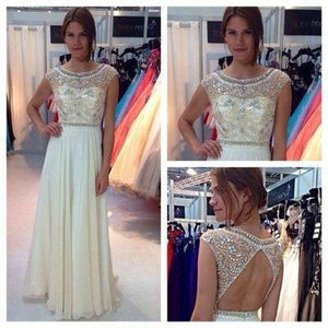 New Ivory Chiffon Long Cap Sleeves Charming Open Back Scoop A-line Beading Prom Dresses RS23
