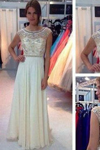 New Ivory Chiffon Long Cap Sleeves Charming Open Back Scoop A-line Beading Prom Dresses RS23