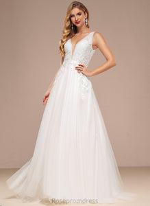 Sweep With Lace V-neck Dress Wedding Wedding Dresses Mimi Sequins Train Tulle A-Line