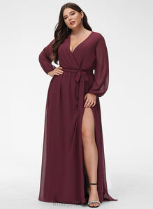 Fabric Pleated Length Bow(s) A-Line Embellishment V-neck Floor-Length Silhouette Neckline Violet Bridesmaid Dresses