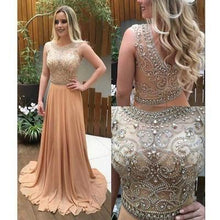 Load image into Gallery viewer, See Through Beaded Long Champagne Scoop Cap Sleeve A-Line Cheap Custom Prom Dresses RS02