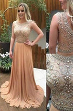 Load image into Gallery viewer, See Through Beaded Long Champagne Scoop Cap Sleeve A-Line Cheap Custom Prom Dresses RS02