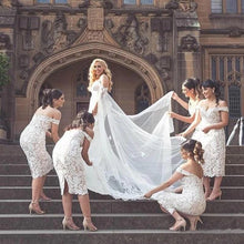 Load image into Gallery viewer, Unique Mermaid Off the Shoulder Ivory Lace Sweetheart Bridesmaid Dresses with Slit SRS15540