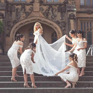 Unique Mermaid Off the Shoulder Ivory Lace Sweetheart Bridesmaid Dresses with Slit SRS15540