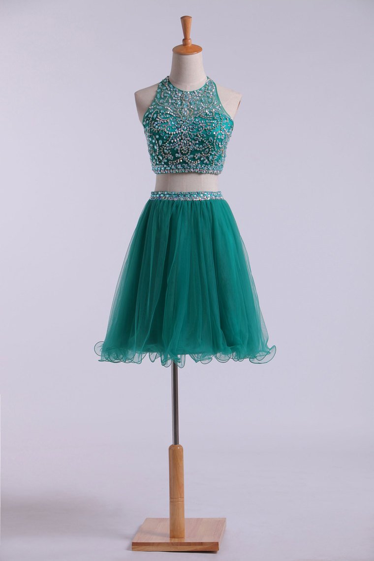 Halter Homecoming Dresses Two-Piece Beaded Bodice Tulle Short