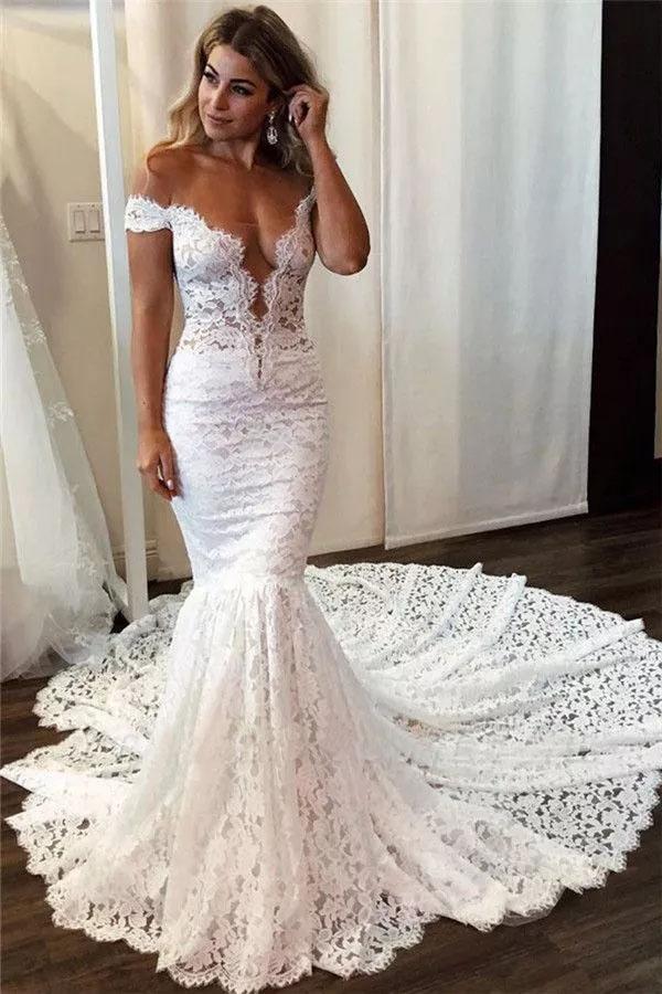 Sexy Off the Shoulder Lace Mermaid Ivory Wedding Dresses, Long Bridal Dresses SRS15344