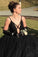 Charming A Line Black Spaghetti Straps Tulle V Neck Prom Dresses, Long Evening Dresses SRS15501