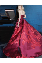 Load image into Gallery viewer, Unique A Line Strapless Burgundy Satin Prom Dresses With Appliques Formal SRSPYZN65CB