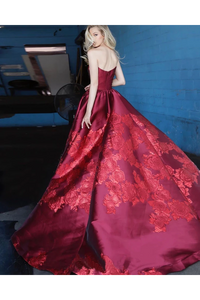 Unique A Line Strapless Burgundy Satin Prom Dresses With Appliques Formal SRSPYZN65CB