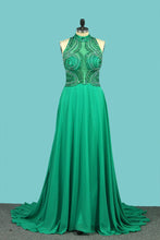 Load image into Gallery viewer, 2023 High Neck A Line Chiffon Beaded Bodice Open Back Prom Dresses