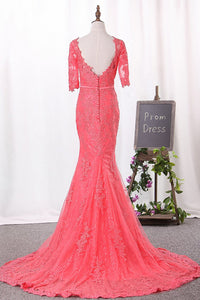 2024 Mermaid Scoop Mid-Length Sleeves Prom Dresses Tulle With Appliques Covered Button