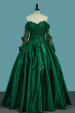 Load image into Gallery viewer, 2024 Off The Shoulder Long Sleeves Prom Dresses A-Line Satin With Applique And Beads