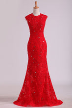 Load image into Gallery viewer, 2023 Prom Dresses Mermaid With Beading  Scoop Sweep Train Lace