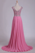 Load image into Gallery viewer, 2024 Scoop Prom Dresses Cap Sleeves A Line With Beading Sweep Train
