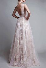 Load image into Gallery viewer, 2024 A-Line/Princess V-Neck Floor-Length Tulle Sleeveless Applique Evening Dresses