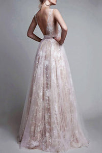 2024 A-Line/Princess V-Neck Floor-Length Tulle Sleeveless Applique Evening Dresses