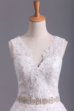 Load image into Gallery viewer, 2023 Bridal Dresses A Line V-Back Tulle Chapel Train V-Back Applique &amp; Sash