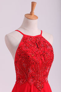 2023 Red Spaghetti Straps Beaded Bodice A-Line Chiffon Prom Dresses