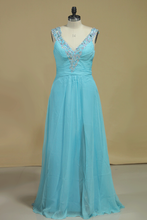 Load image into Gallery viewer, 2024 Chiffon Prom Dresses V Neck With Beading A Line Sweep Train