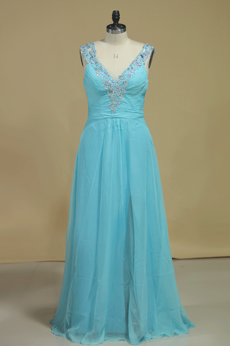 2024 Chiffon Prom Dresses V Neck With Beading A Line Sweep Train