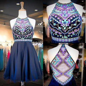 Navy Chiffon Halter Neck Beaded Sequins Crystals Cheap Homecoming Gowns with Illusion Back RS922
