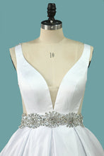 Load image into Gallery viewer, 2024 V Neck Wedding Dresses Open Back Satin A Line With Beading
