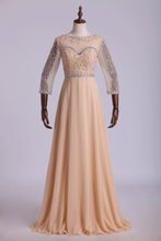 Load image into Gallery viewer, 2024 Prom Dresses Bateau 3/4 Length Sleeve A Line Chiffon With Beads