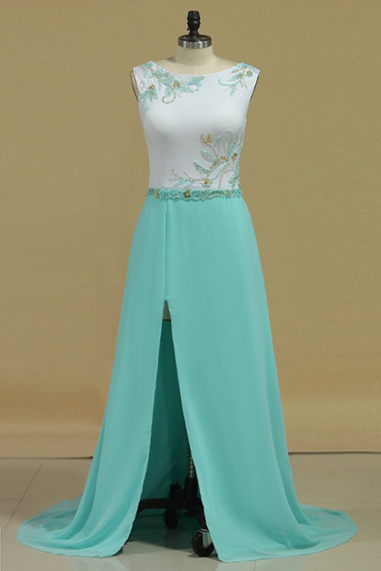 2024 A Line Scoop Prom Dresses With Beads And Slit Sweep Train Chiffon