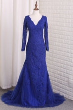 Load image into Gallery viewer, 2023 V Neck Long Sleeves Tulle Prom Dresses With Applique Mermaid