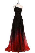 Load image into Gallery viewer, One Shoulder Black And Red Long Ombre Chiffon Beading Open Back Prom Dresses